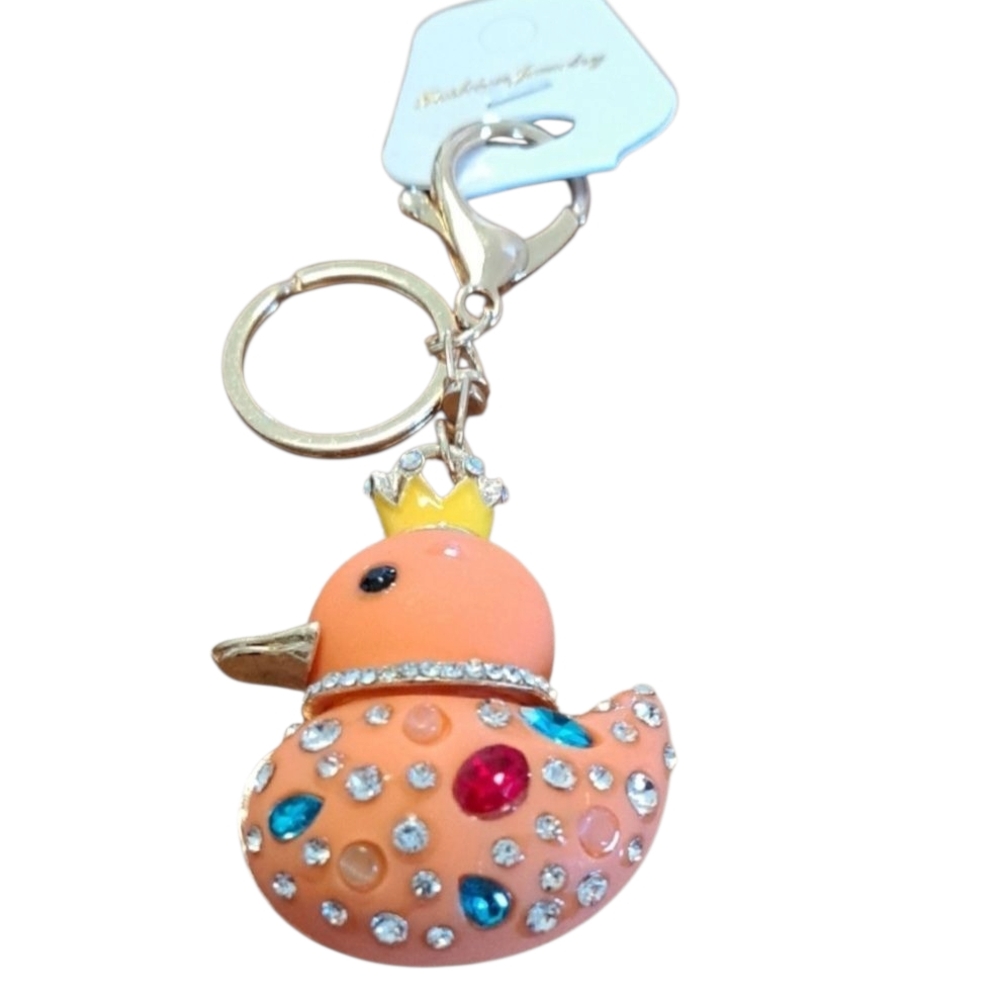Orange Duck Bag Charm Keychain w/ Rhinestones and Crown
